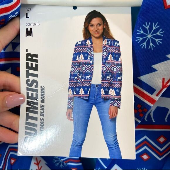 New with Tags Suitmeister Women’s Christmas Nordic Blue Printed Blazer Large - Picture 14 of 16
